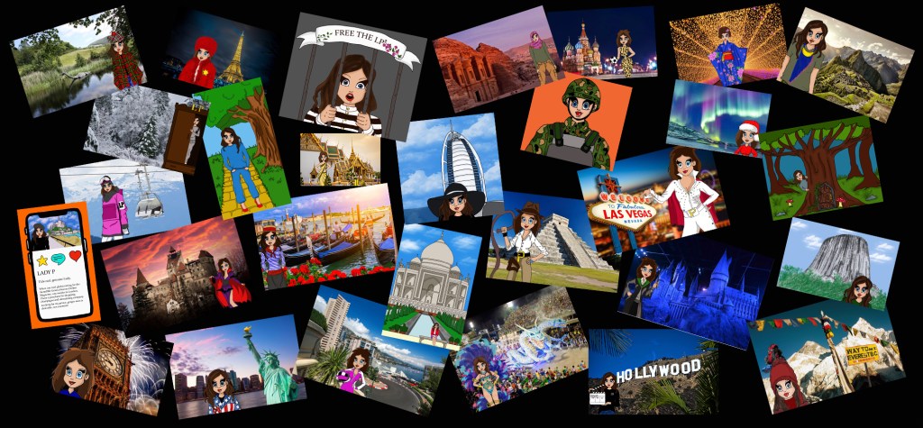 A collage of various illustrated scenes featuring a character with dark hair in different travel locations, including iconic landmarks and scenic environments.