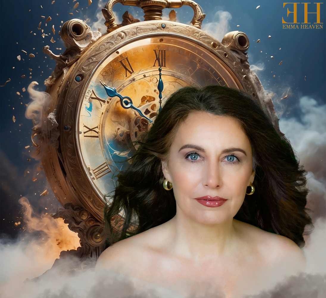 A woman with long dark hair and gold earrings poses in front of a large, ornate clock with golden tones, surrounded by clouds and a mystical background.